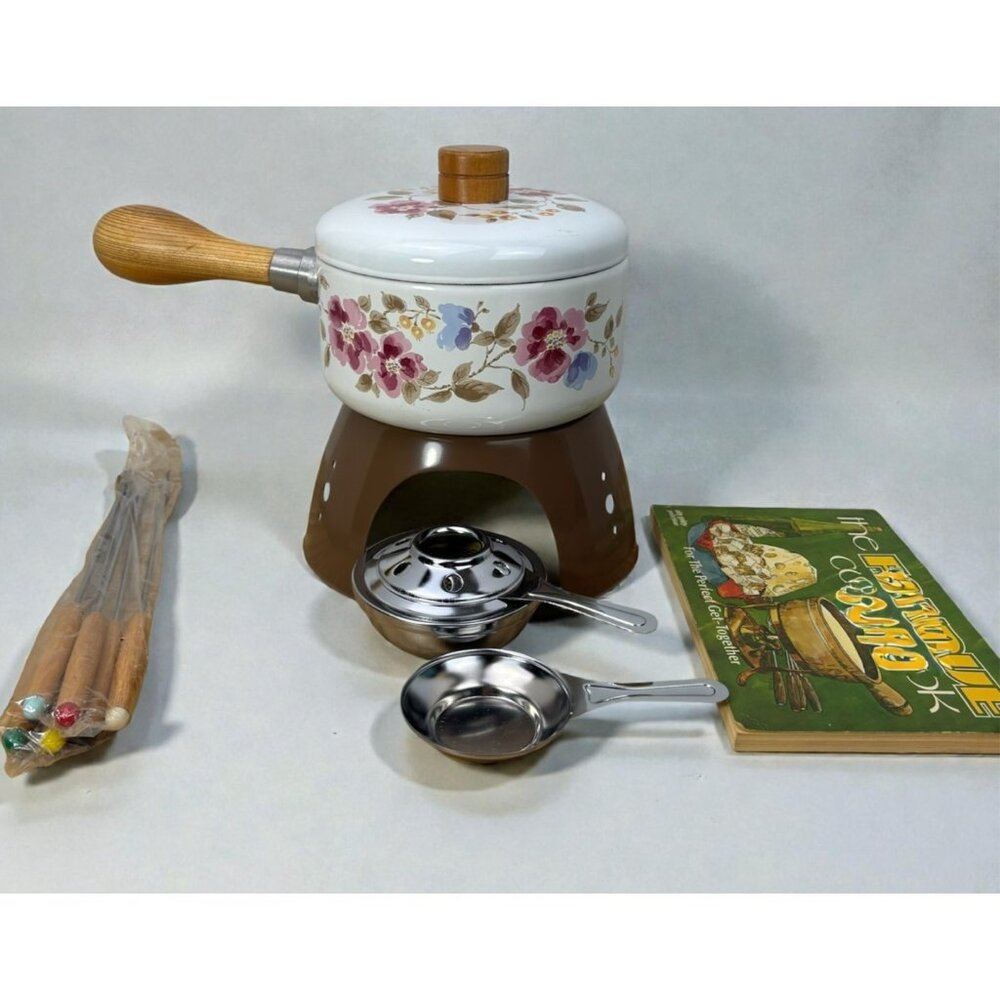 Vintage UNUSED Retro Mod 60s Floral 'English Garden' Fondue Set Japan Eatons
